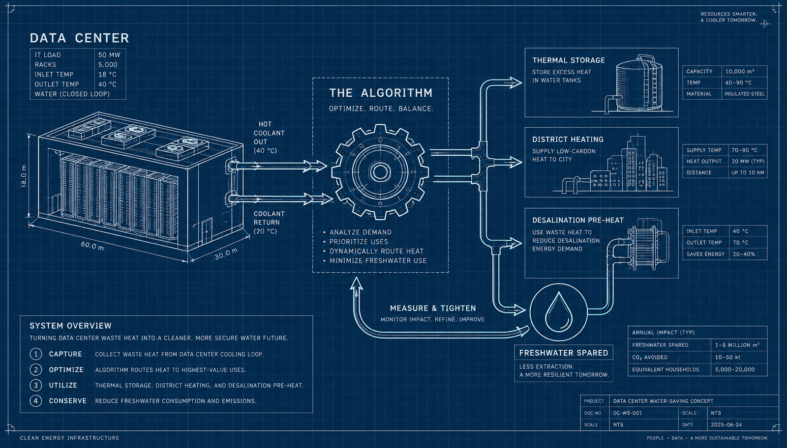 Blueprint schematic of the data center water-saving system: data center, algorithm, heat capture points, and freshwater spared feedback loop